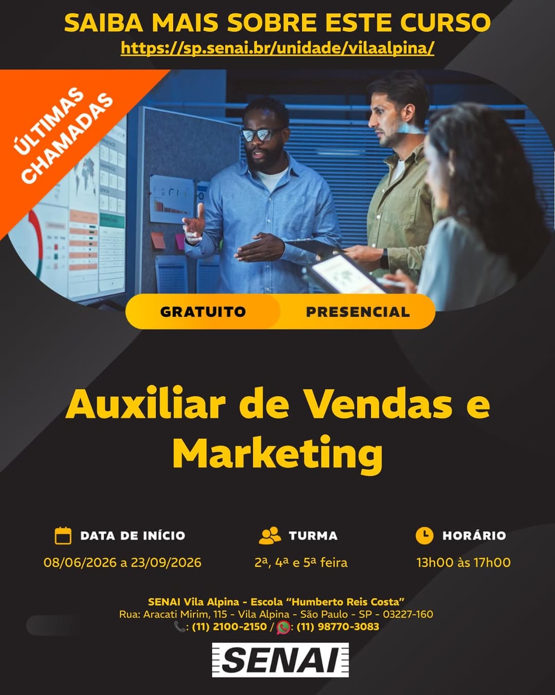 Curso Gratuito: Auxiliar de Vendas e Marketing — SENAI Vila Alpina, Ipiranga, São Paulo