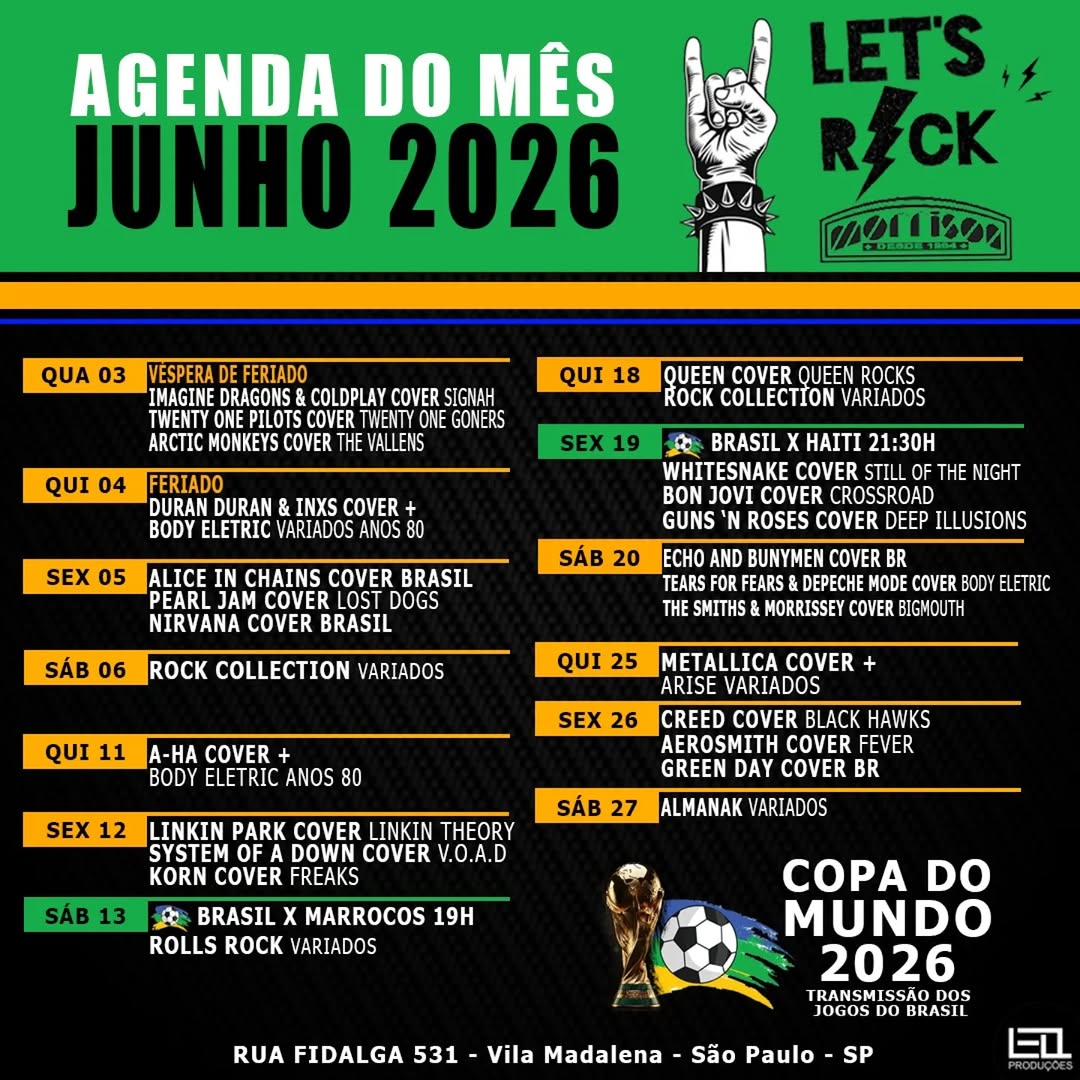 Programação de Junho 2026 — Morrison Rock Bar, Pinheiros, São Paulo