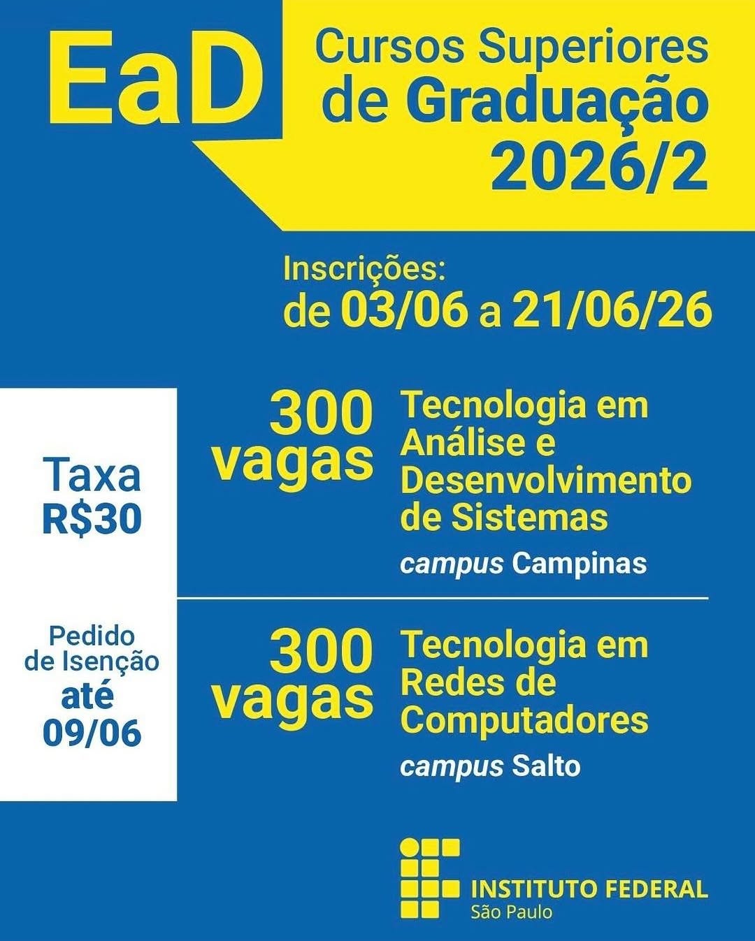 Inscrições para Curso Superior Gratuito EaD IFSP — CEU Perus, Perus, São Paulo