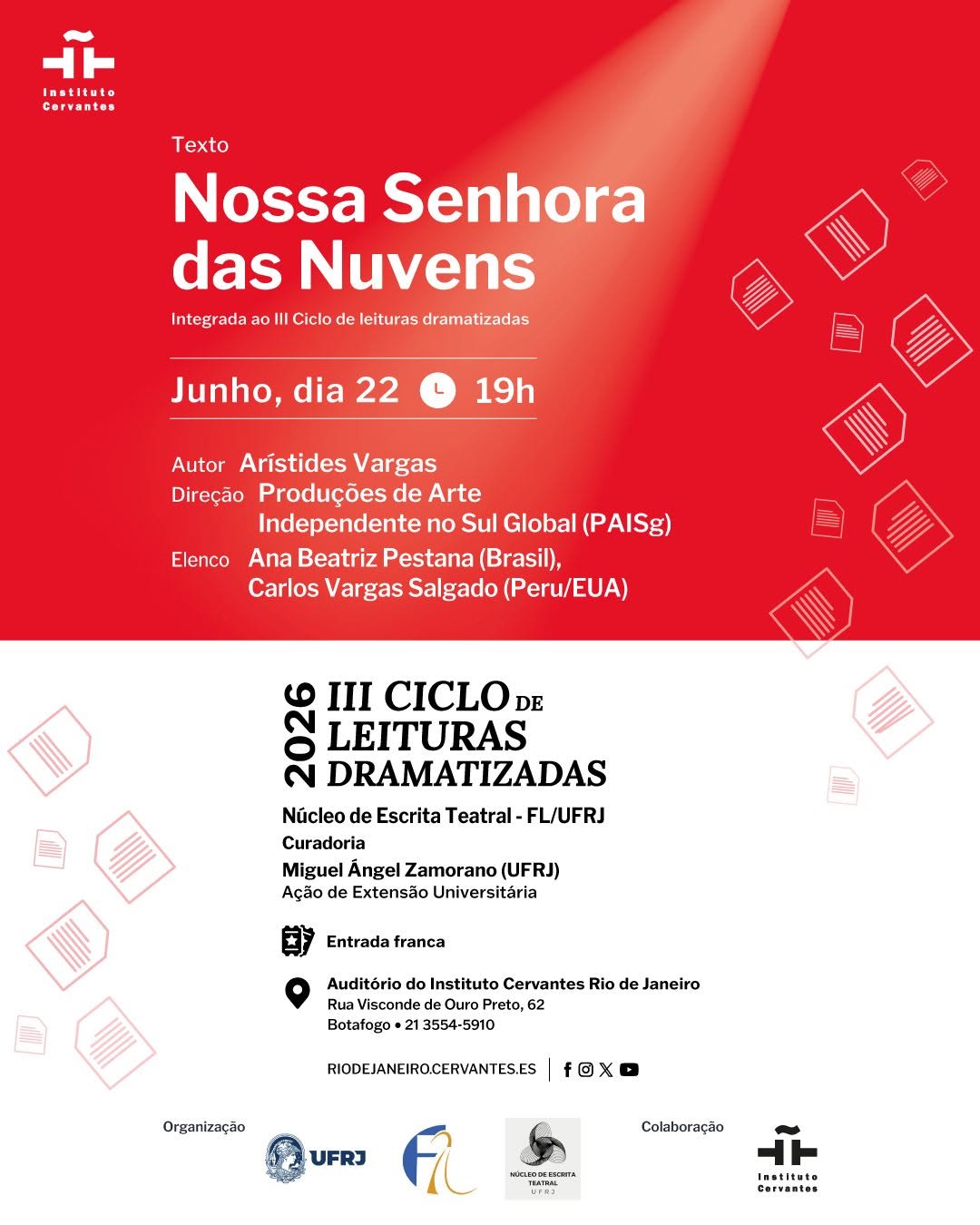 III Ciclo de Leituras Dramatizadas: Nossa Senhora das Nuvens — Instituto Cervantes, Botafogo, Rio de Janeiro