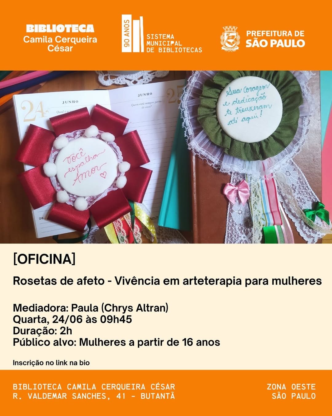 Oficina: Rosetas de Afeto – Vivência em Arteterapia para Mulheres — Biblioteca Camila Cesar, Butantã, São Paulo