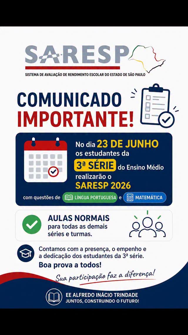 Prova do SARESP 2026 — Escola Estadual Alfredo Inácio Trindade, Vila Medeiros, São Paulo
