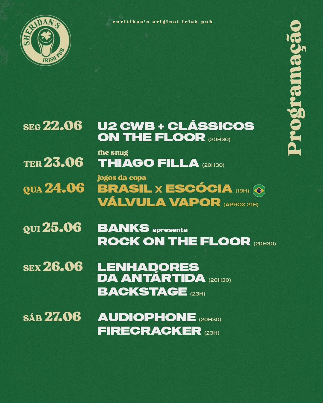 Programação da Semana no Sheridan's