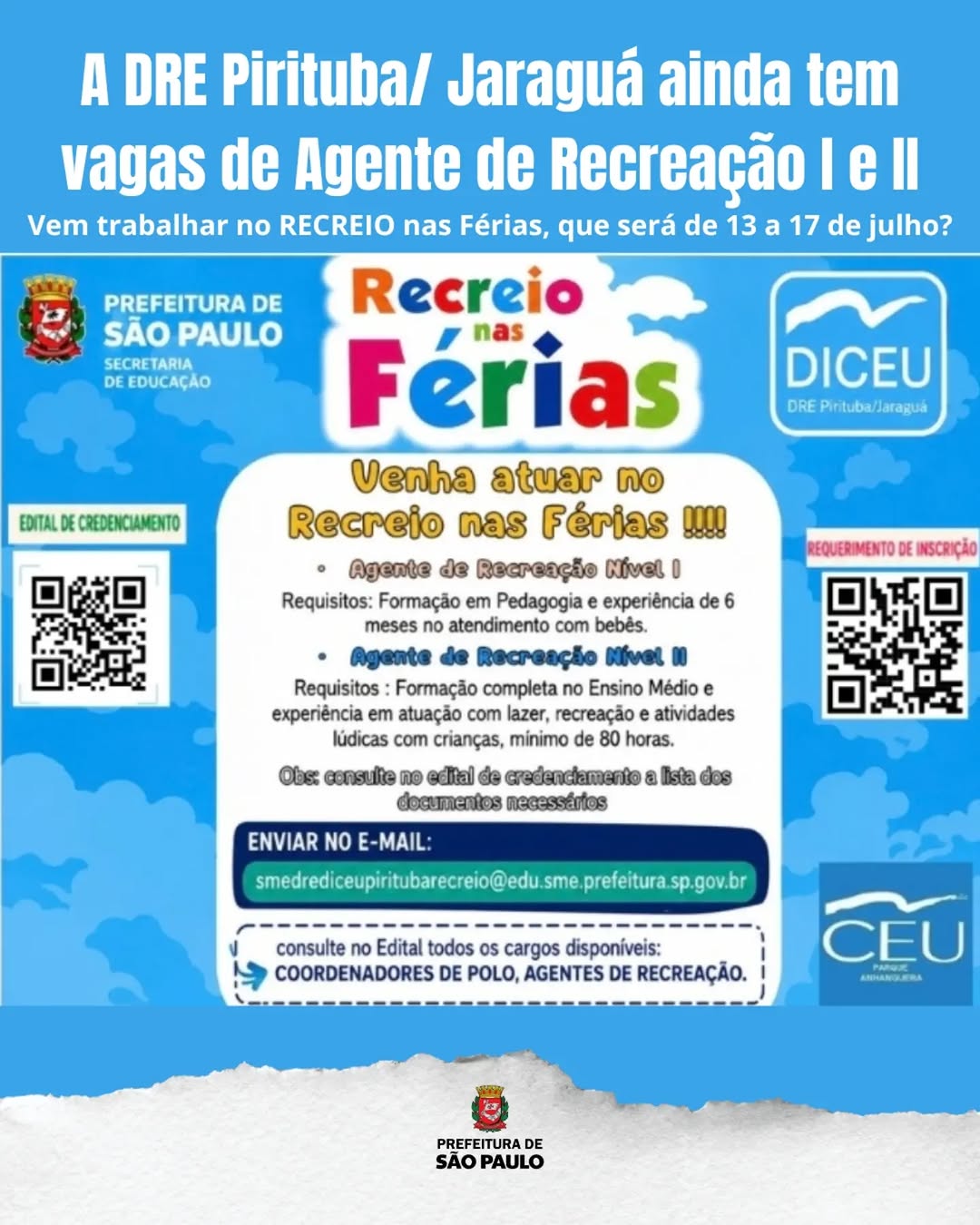 Programa Recreio nas Férias 2026 — CEU Parque Anhanguera, Anhanguera, São Paulo