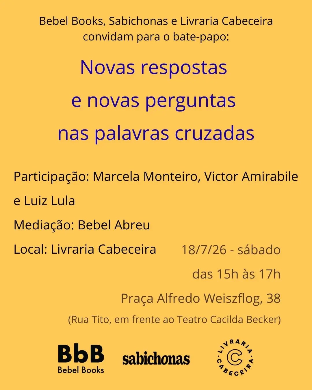 Bate Papo: Novas respostas e novas perguntas nas palavras cruzadas — Livraria Cabeceira, Lapa, São Paulo