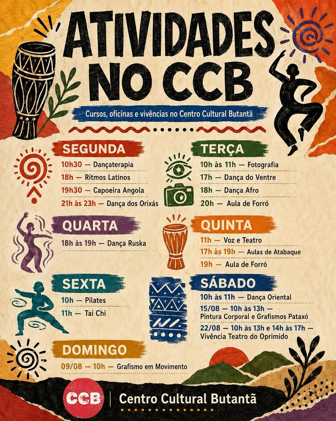 Atividades de dança, música, teatro, fotografia, práticas corporais e cultura popular