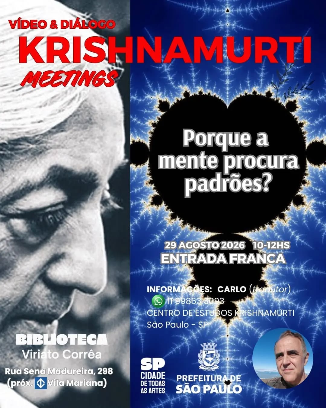 Evento com Carlo Corabi sobre Krishnamurti — Biblioteca Pública Viriato Corrêa, Vila Mariana, São Paulo