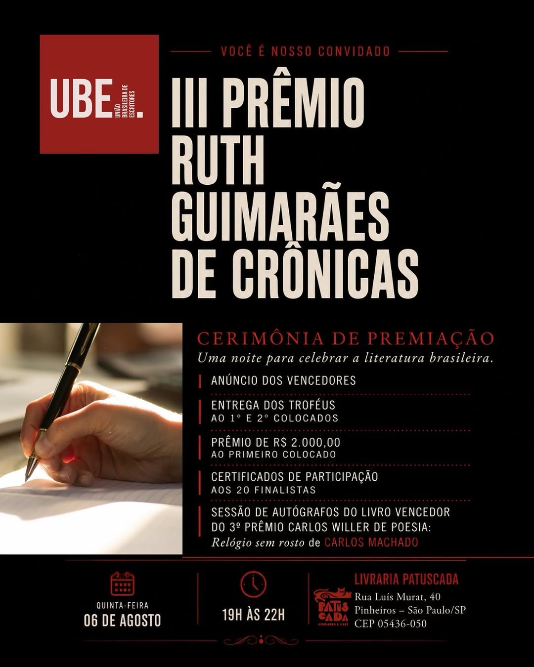 III Prêmio Ruth Guimarães de Crônicas - Cerimônia de Premiação e Sessão de Autógrafos — Livraria Patuscada, Pinheiros, São Paulo