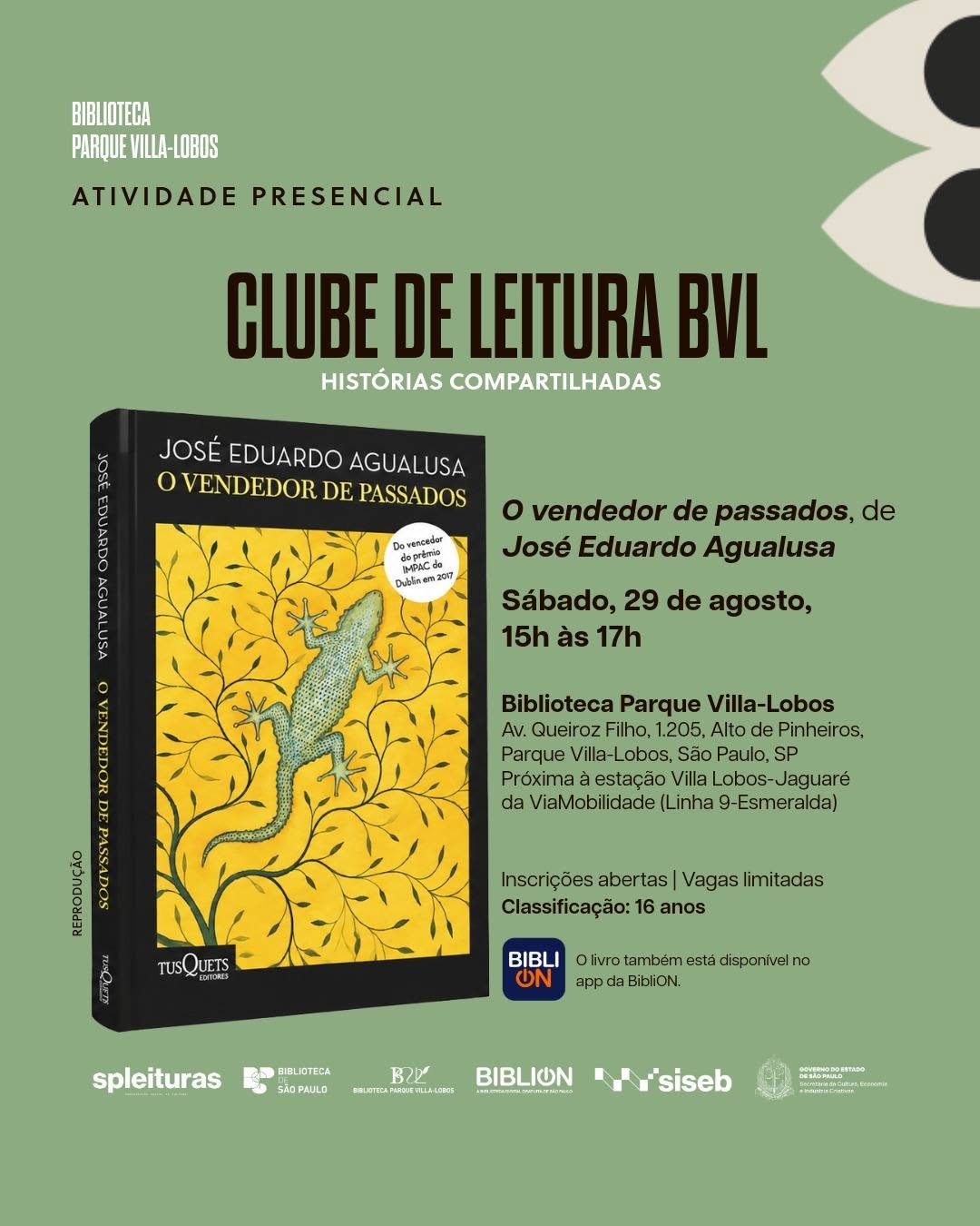 Clube de Leitura BVL - Histórias compartilhadas: O vendedor de passados — Biblioteca Parque Villa-Lobos, Alto de Pinheiros, São Paulo