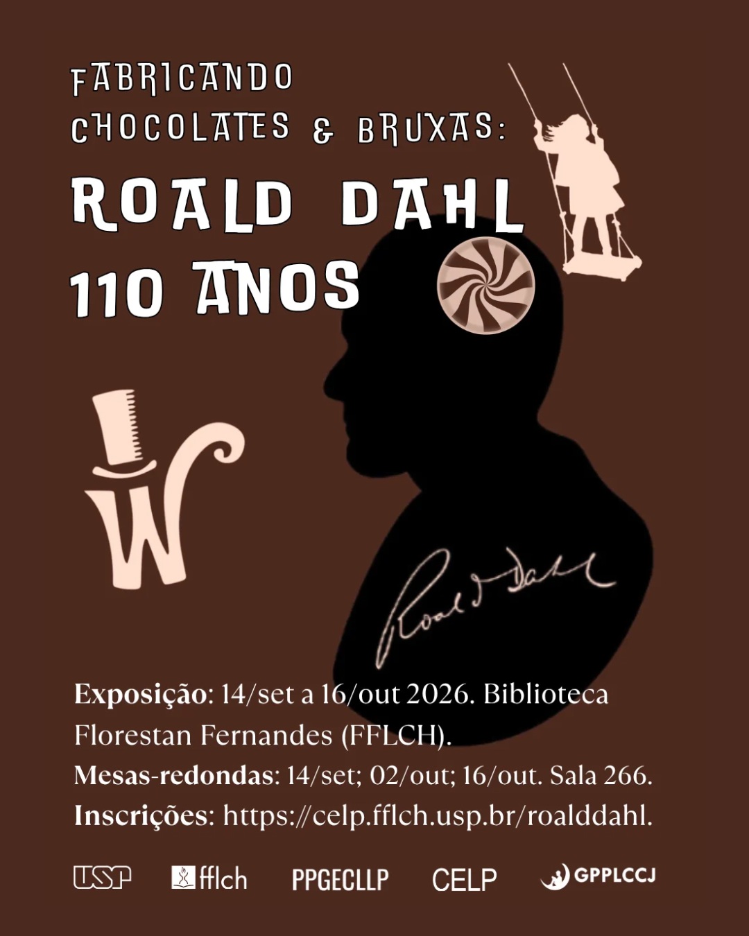 Exposição "Fabricando Chocolates e Bruxas: Roald Dahl 110 anos" — Biblioteca da FFLCH-USP, Butantã, São Paulo