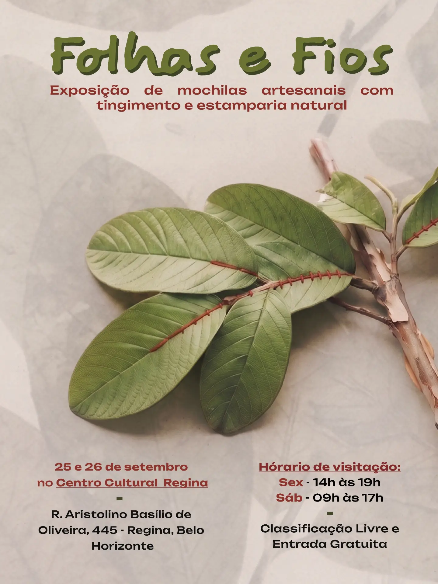 FOLHAS E FIOS | Exposição de mochilas artesanais com tingimento e estamparia natural