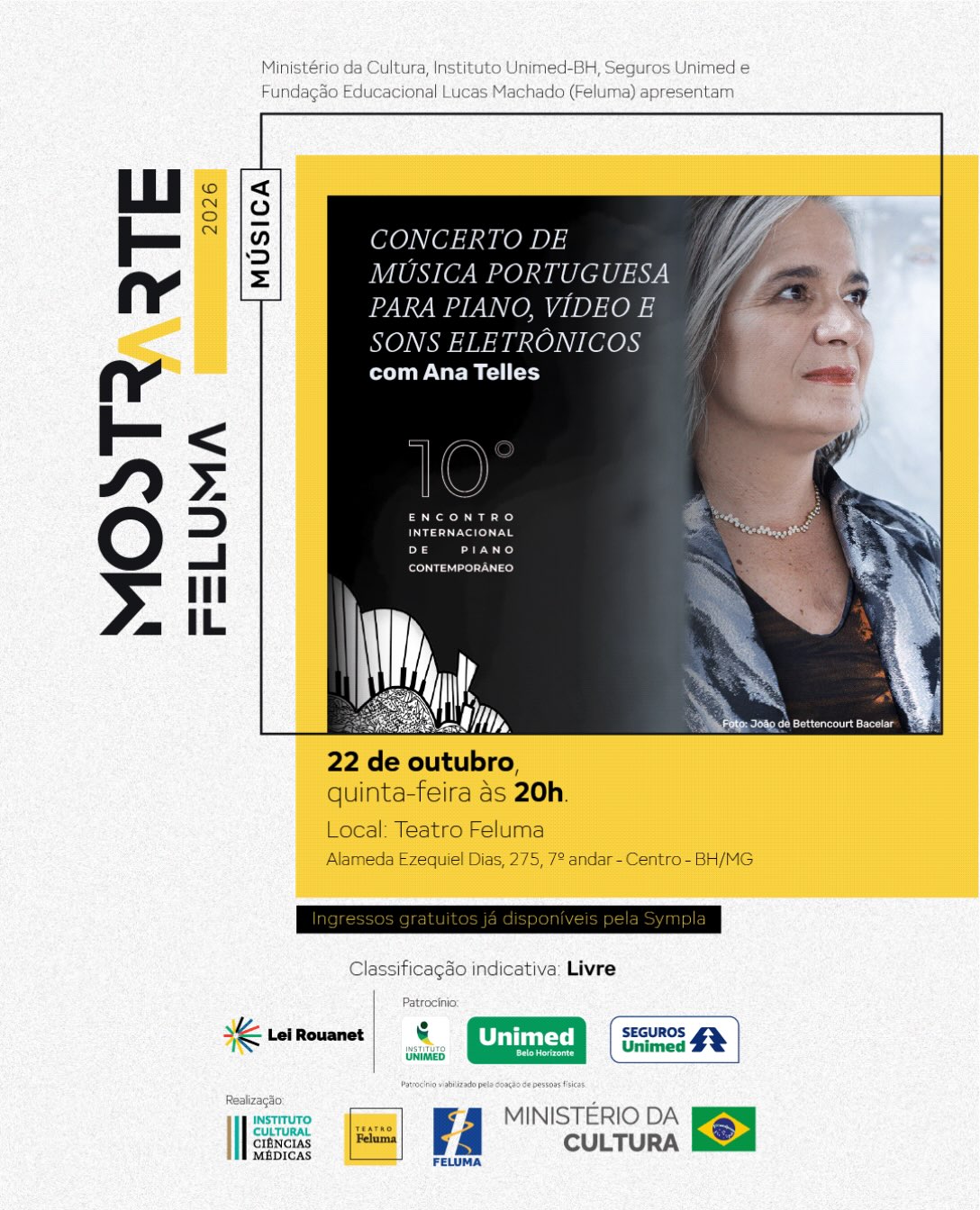 Concerto de música portuguesa para piano, vídeo e sons eletrônicos - Ana Telles — Teatro Feluma (Centro Cultural), Centro, Belo Horizonte