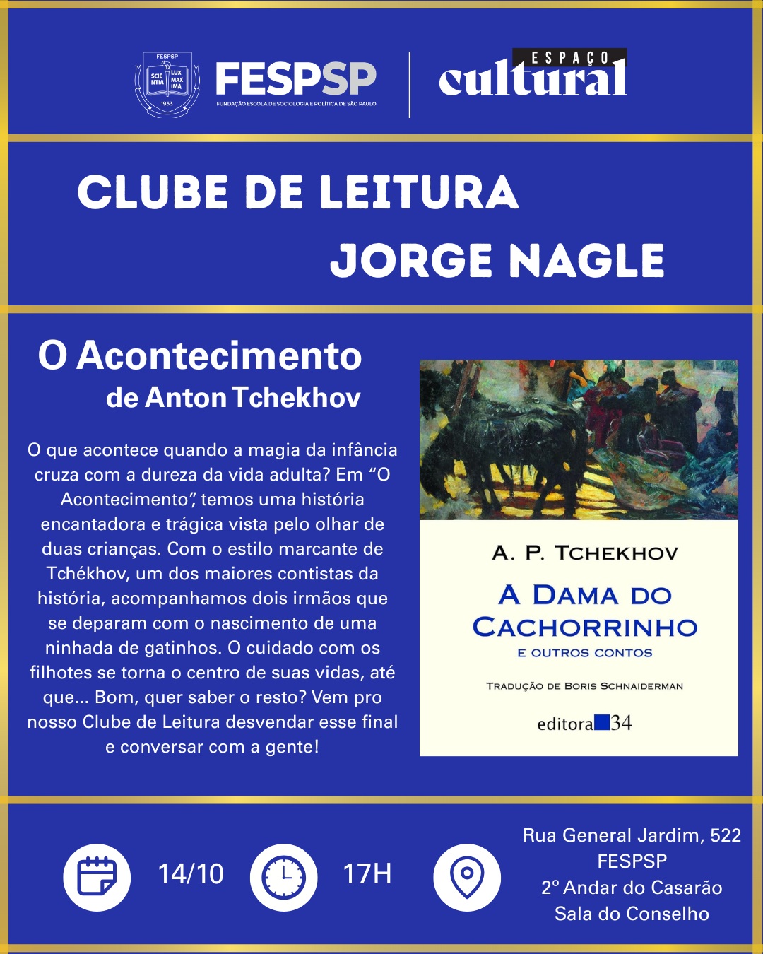 Clube de Leitura - O Acontecimento (Anton Tchékhov) — Espaço Cultural FESPSP, Consolação, São Paulo