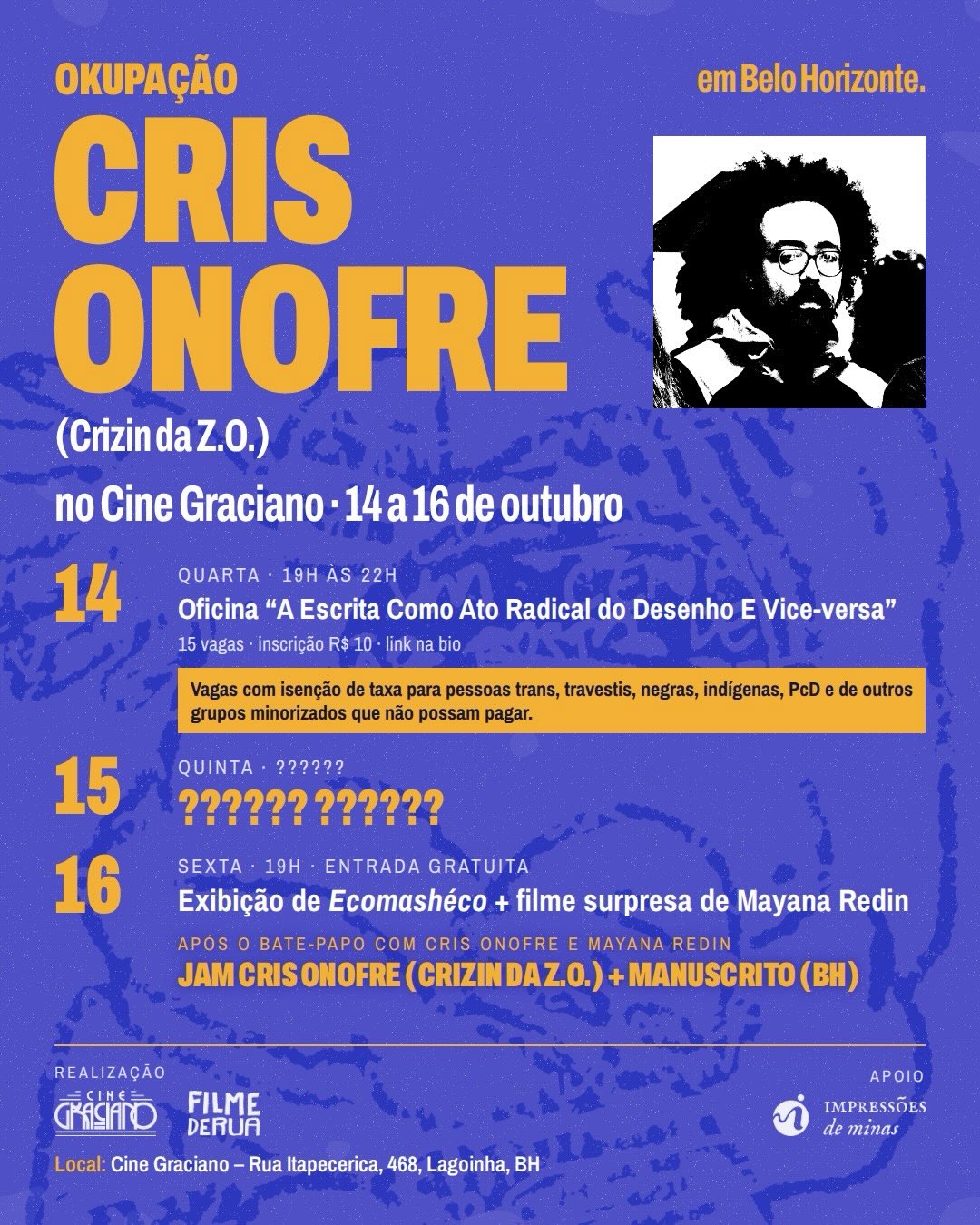 Exibição de "Ecomashéco ou Para um novo deus eu peço ajuda" e filme surpresa de Mayana Redin + Bate-papo + Jam de Cris Onofre com Manuscrito — Cine Graciano, Lagoinha, Belo Horizonte