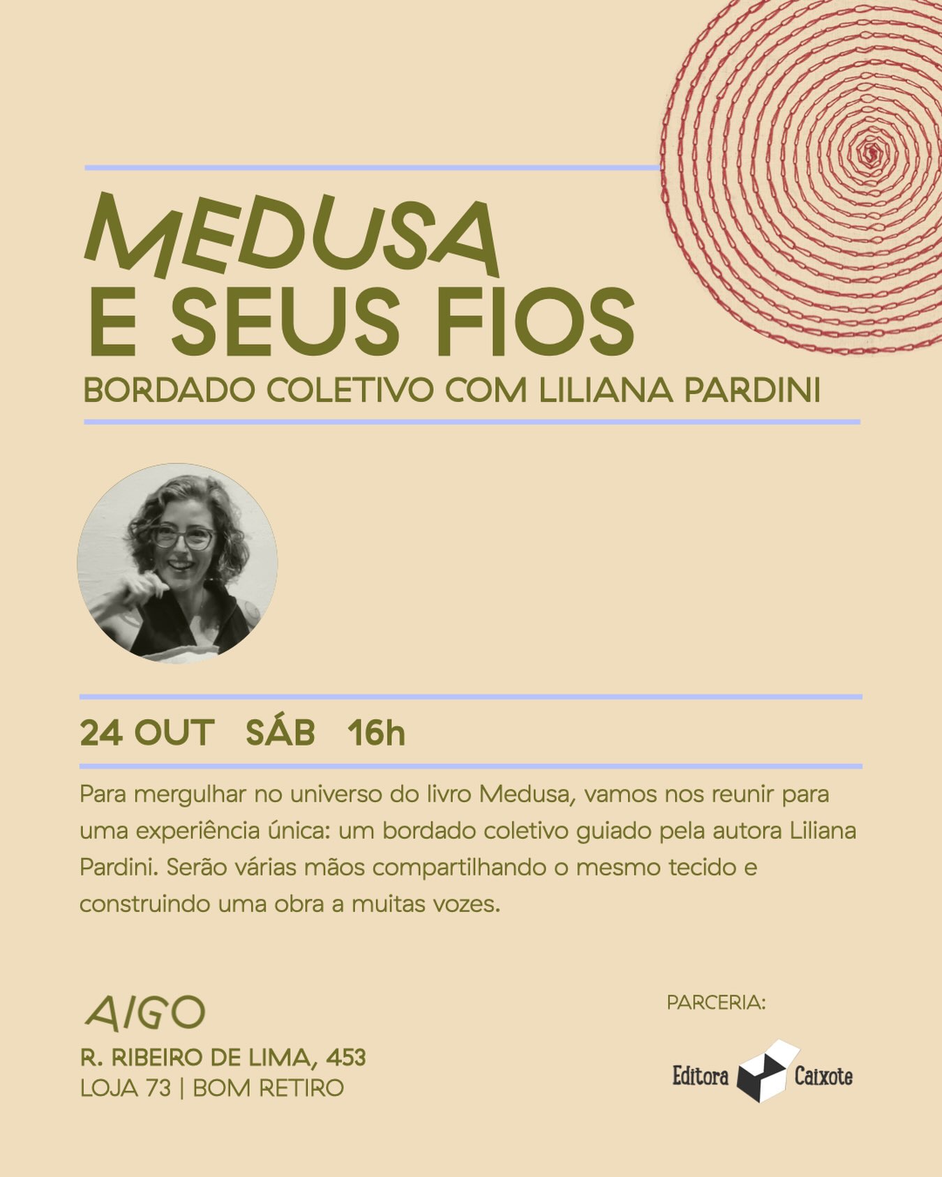 Bordado Coletivo do livro Medusa com Liliana Pardini — Aigo Livros, Bom Retiro, São Paulo