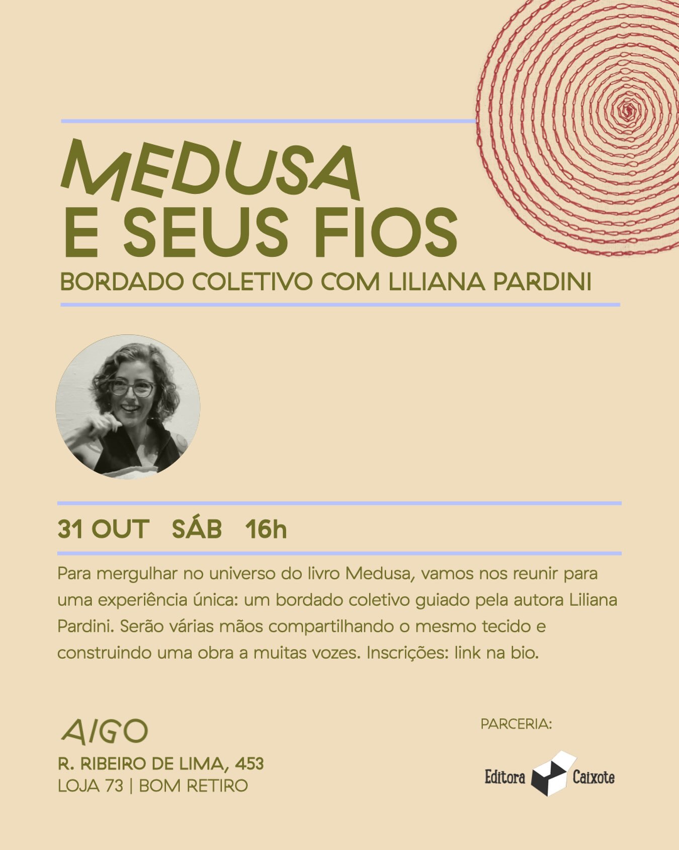 Bordado coletivo do livro Medusa com Liliana Pardini — Aigo Livros, Bom Retiro, São Paulo