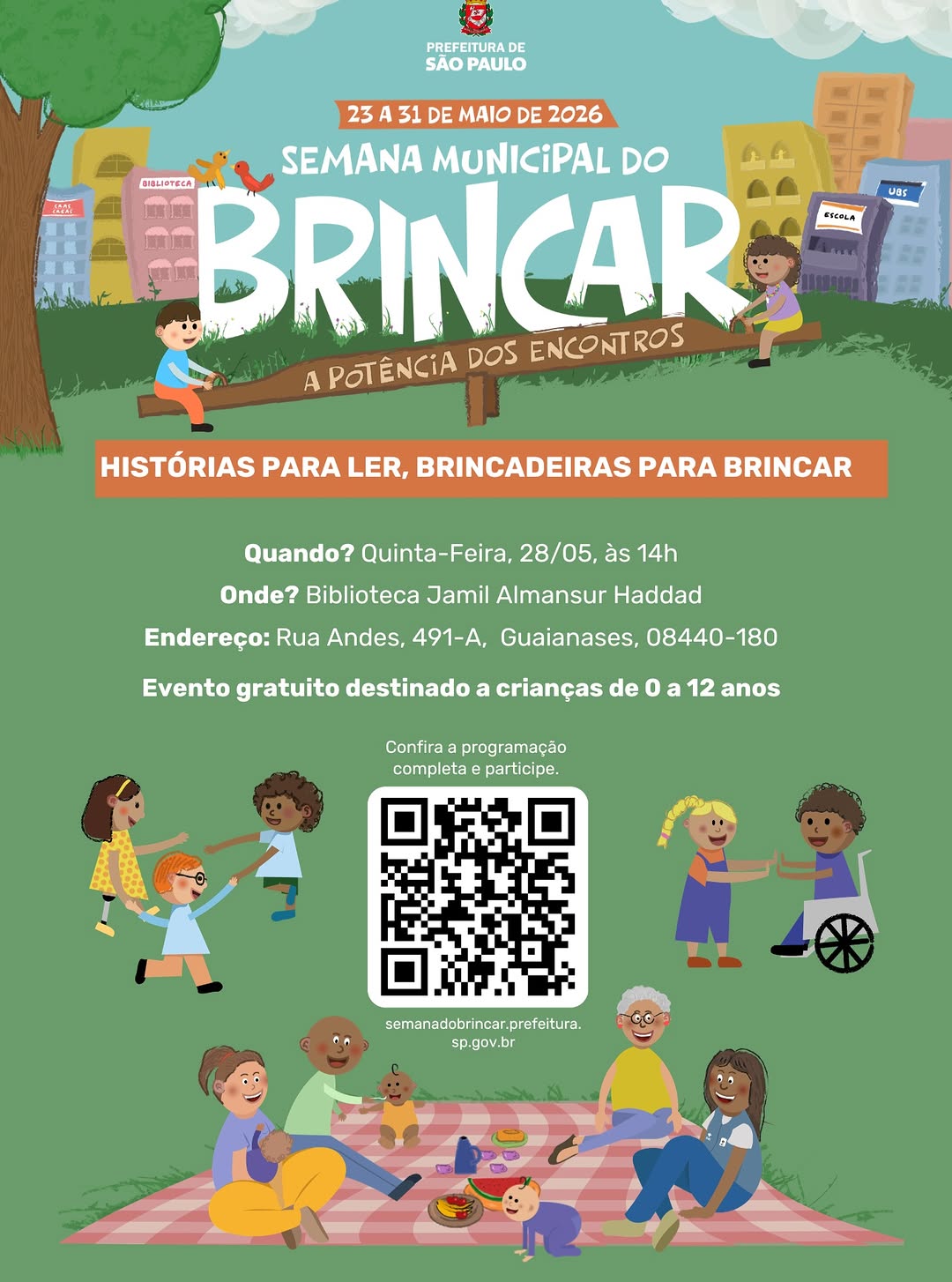 Semana Municipal do Brincar: Tarde de Histórias e Brincadeiras — Biblioteca Jamil Haddad, Guaianases, São Paulo